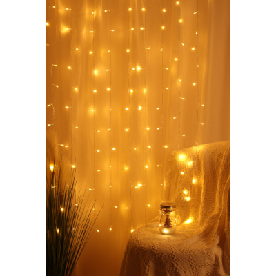 Эл.гирлянда занавес, 1.5x1.5м, 150LED, шампань, 10 нитей, пост.свеч., ПВХ прозр., 220В СНОУ БУМ (1/1