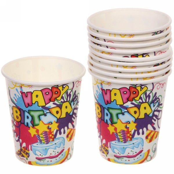 Стакан бумажный 0,2л в наборе 10 шт "HAPPY B-DAY!", Белый (1/300)