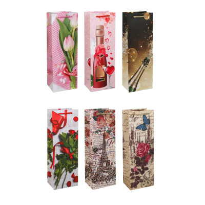 Пакет подарочный бумажный 12x9x35 см, д/бутылок арт 2, 6диз LADECOR (12/12/240)