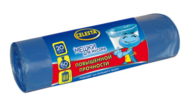 Мешки для мусора повышенной прочности, синие 9мк, 60л, 20шт CELESTA (1/50) Мешки для мусора повышенной прочности, синие 9мк, 60л, 20шт CELESTA (1/50)