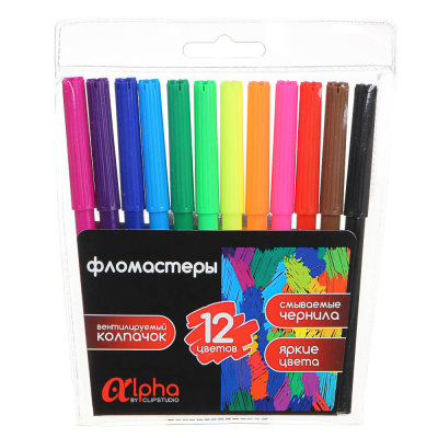 Фломастеры 12цветов "Альфа", с цв.вент.колпачком, большие, смываемые, пластик, ПРЕМИУМ (12/240)