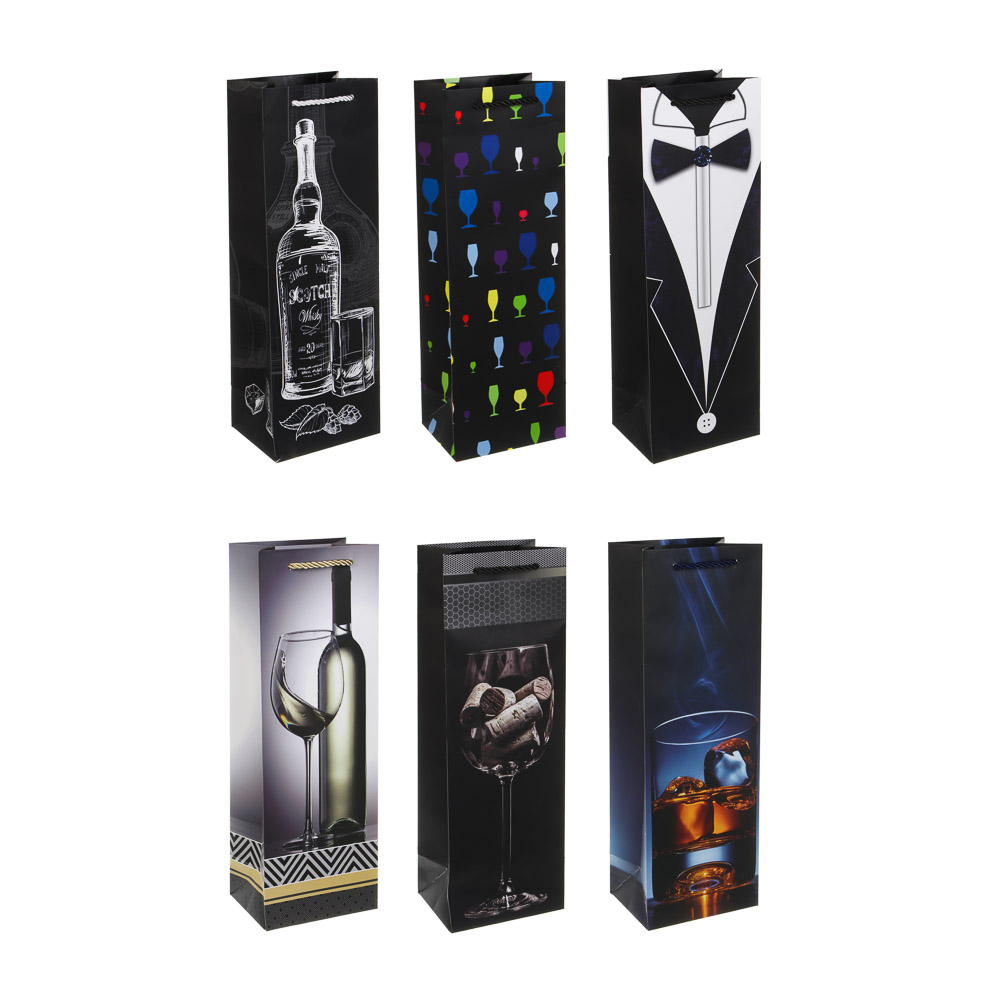 Пакет подарочный бумажный 12x9x35 см, д/бутылок арт 1, 6диз LADECOR (12/12/240)