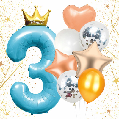 Набор шаров 8 шт "3 - Prince", голубой (цифра + 7 шаров) (10/10)