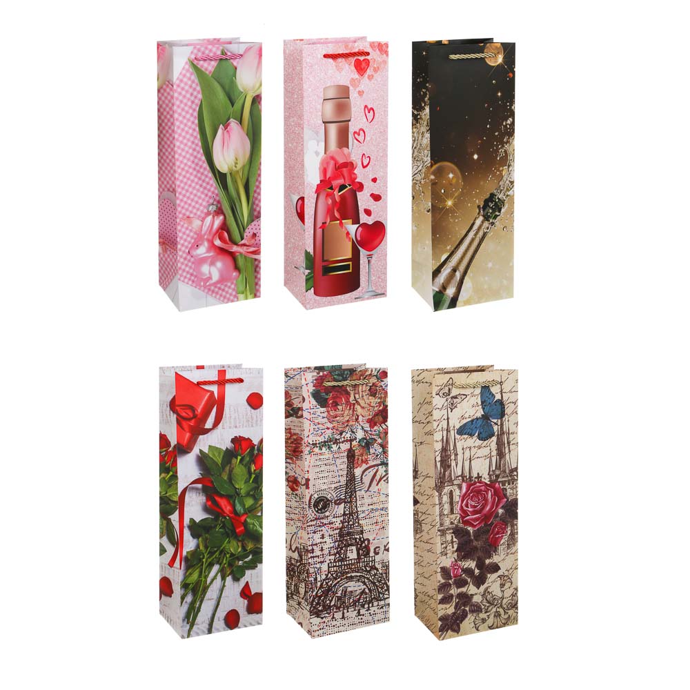 Пакет подарочный бумажный 12x9x35 см, д/бутылок арт 2, 6диз LADECOR (12/12/240)